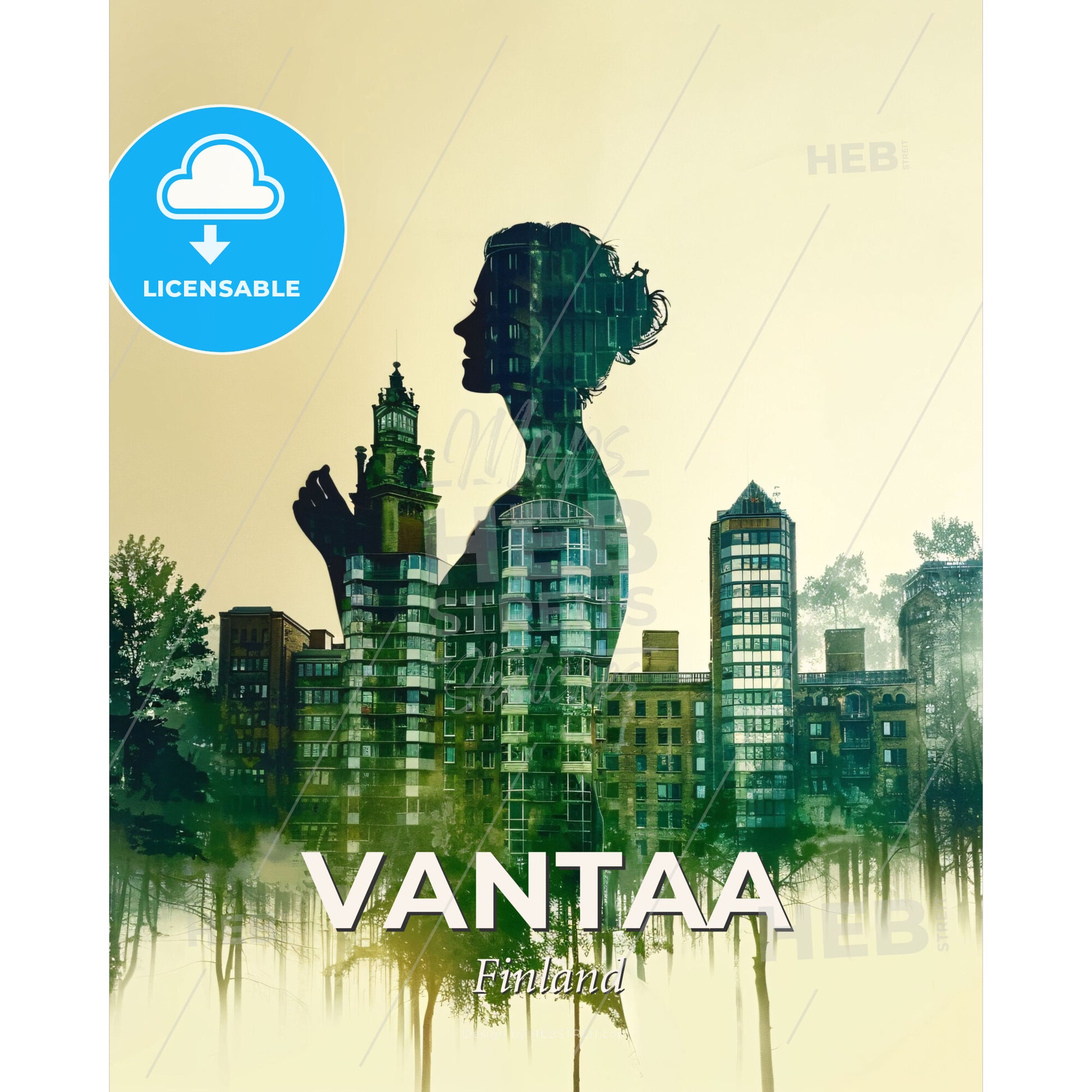 Vantaa Architectural Skyline Poster, Beige Background, Blue Green - A woman's silhouette in front of a city - Square format print template