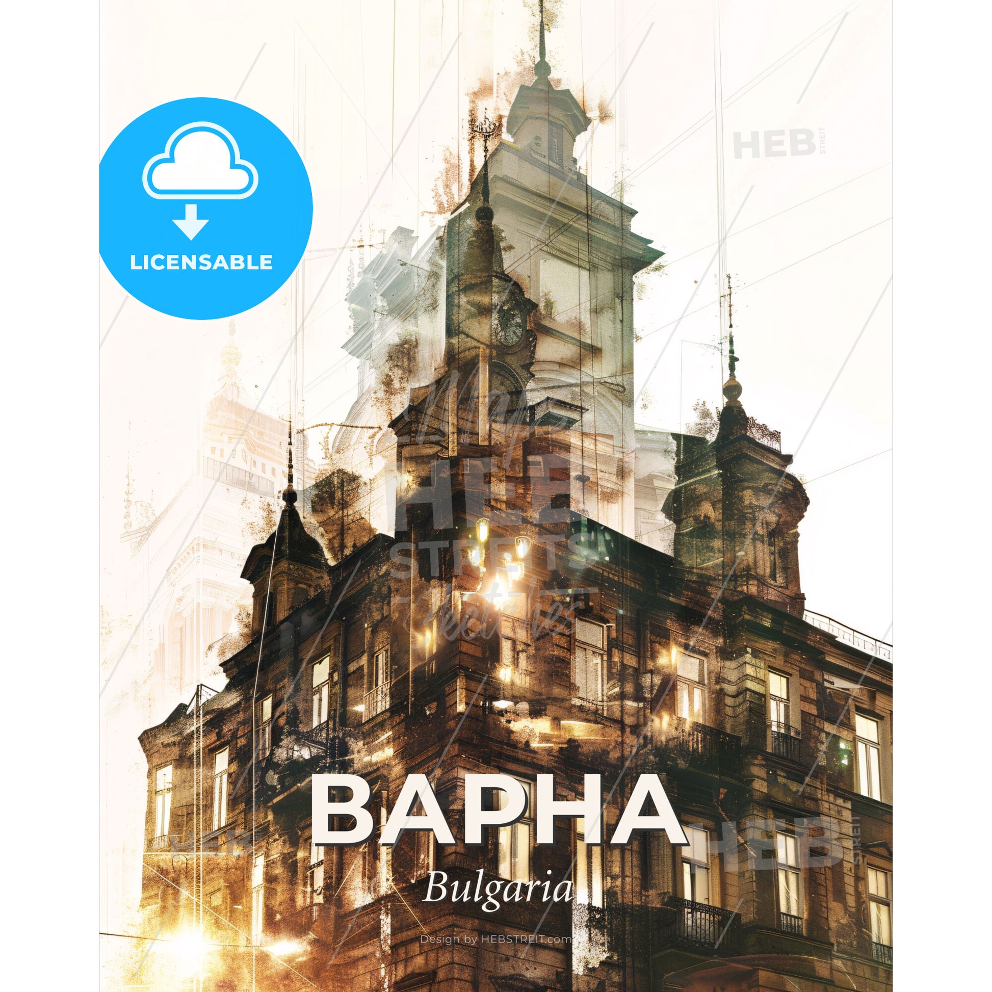Varna, Double Exposure City Skyline Silhouette Poster - A building with a clock tower - Square format print template