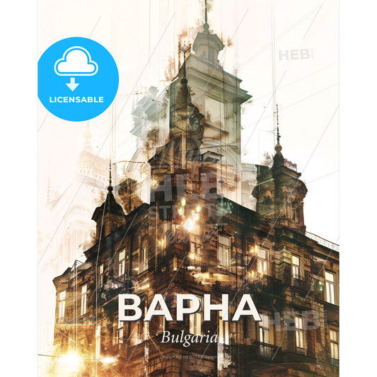 Varna, Double Exposure City Skyline Silhouette Poster - A building with a clock tower - Square format print template