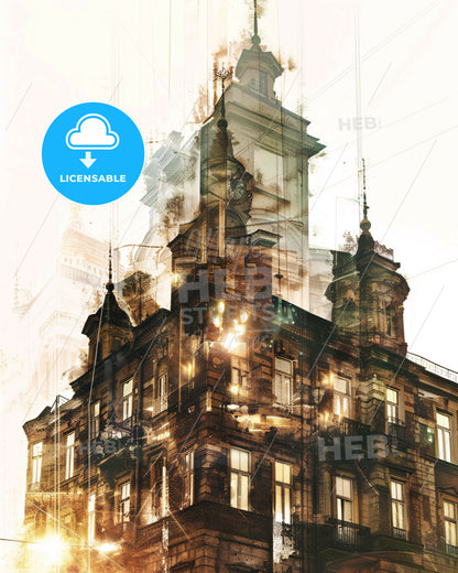 Varna, Double Exposure City Skyline Silhouette Poster - A building with a clock tower