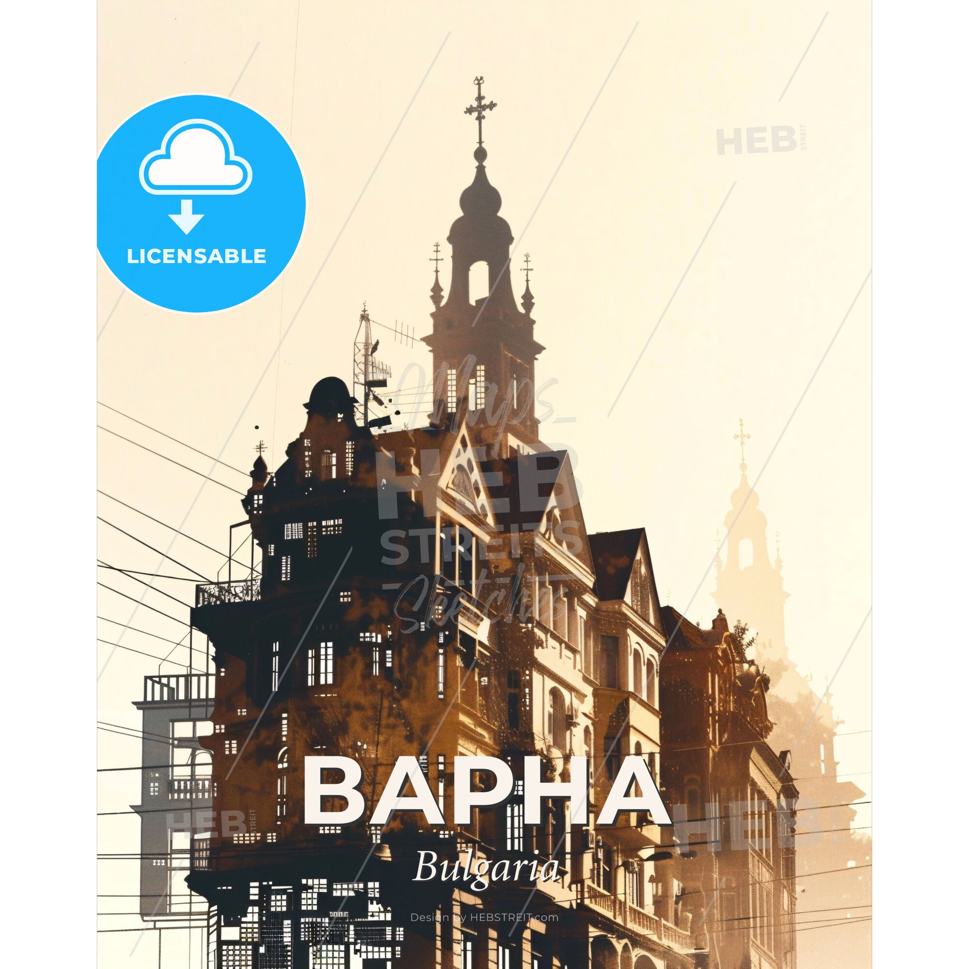 Varna, Bulgaria Skyline City Poster Art - A building with a cross on top - Square format print template