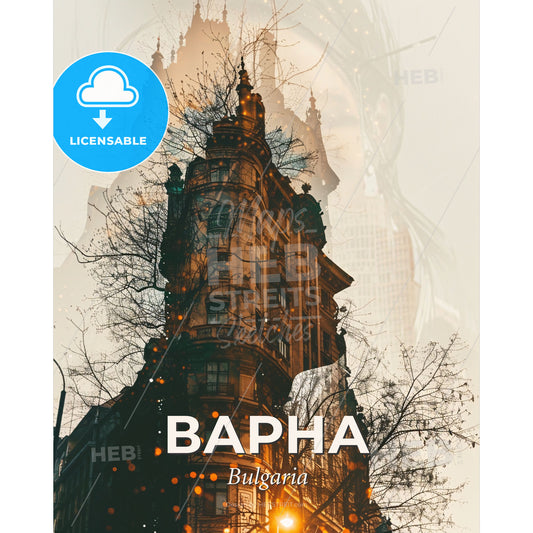 Varna Skyline Silhouette Double Exposure Poster Design - A building with a tree in front of it - Square format print template
