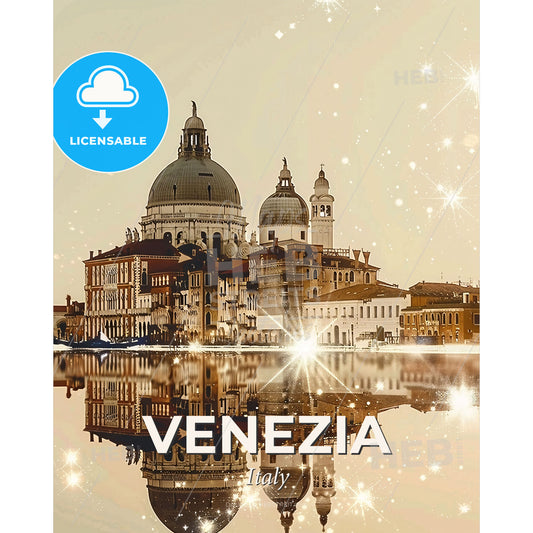 Venice City Art Deco Skyline Poster with Sparkles - A city with a reflection of the sun - Square format print template