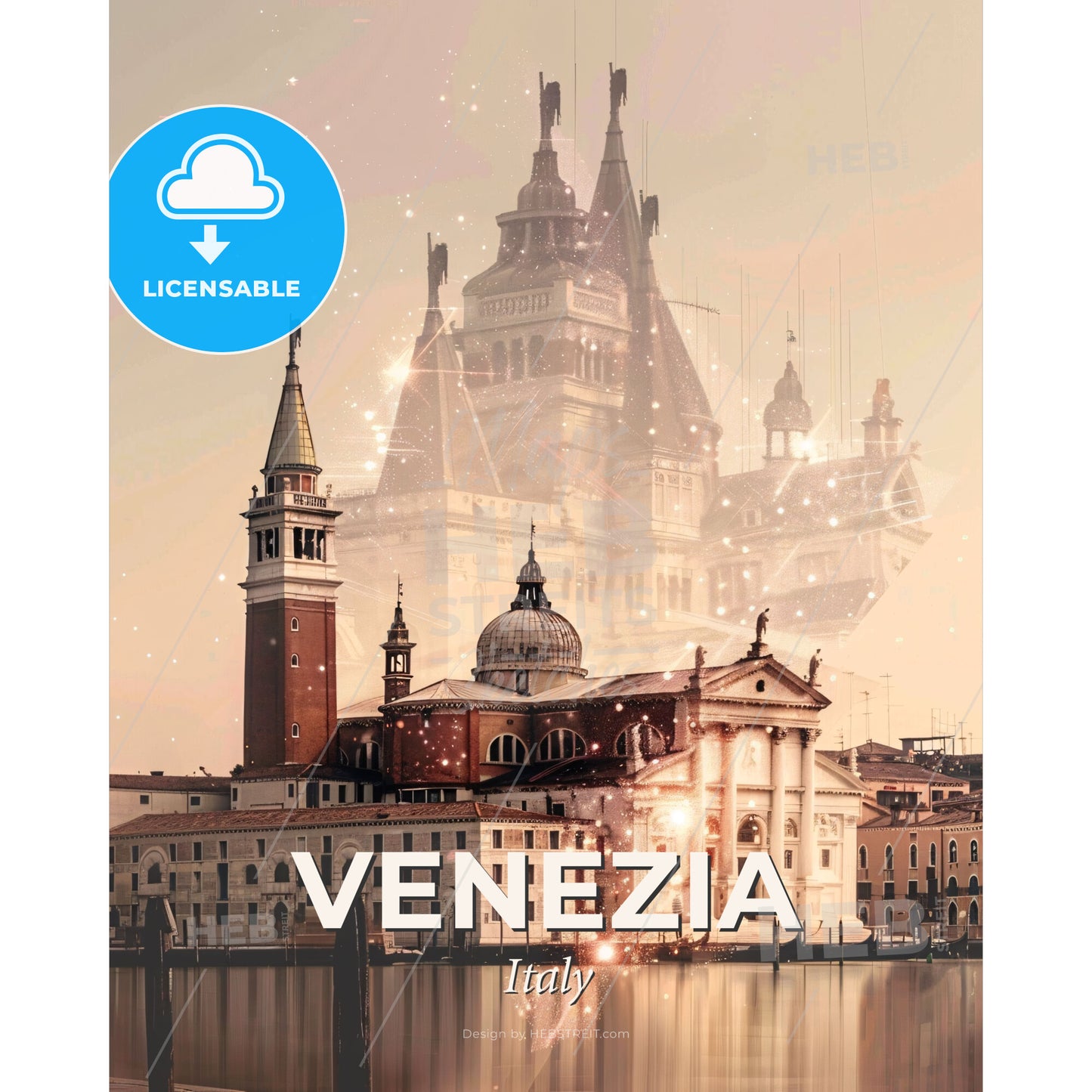 Venice City Skyline Double Exposure Poster - A castle with many towers and a river - Square format print template