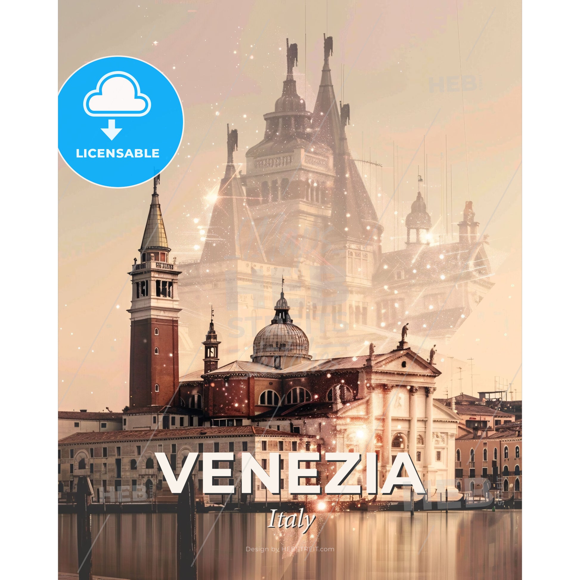 Venice City Skyline Double Exposure Poster - A castle with many towers and a river - Square format print template