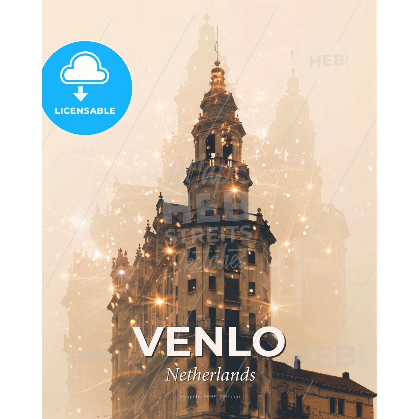 Venlo City Skyline Double Exposure Poster Art - A building with a tower and many lights - Square format print template