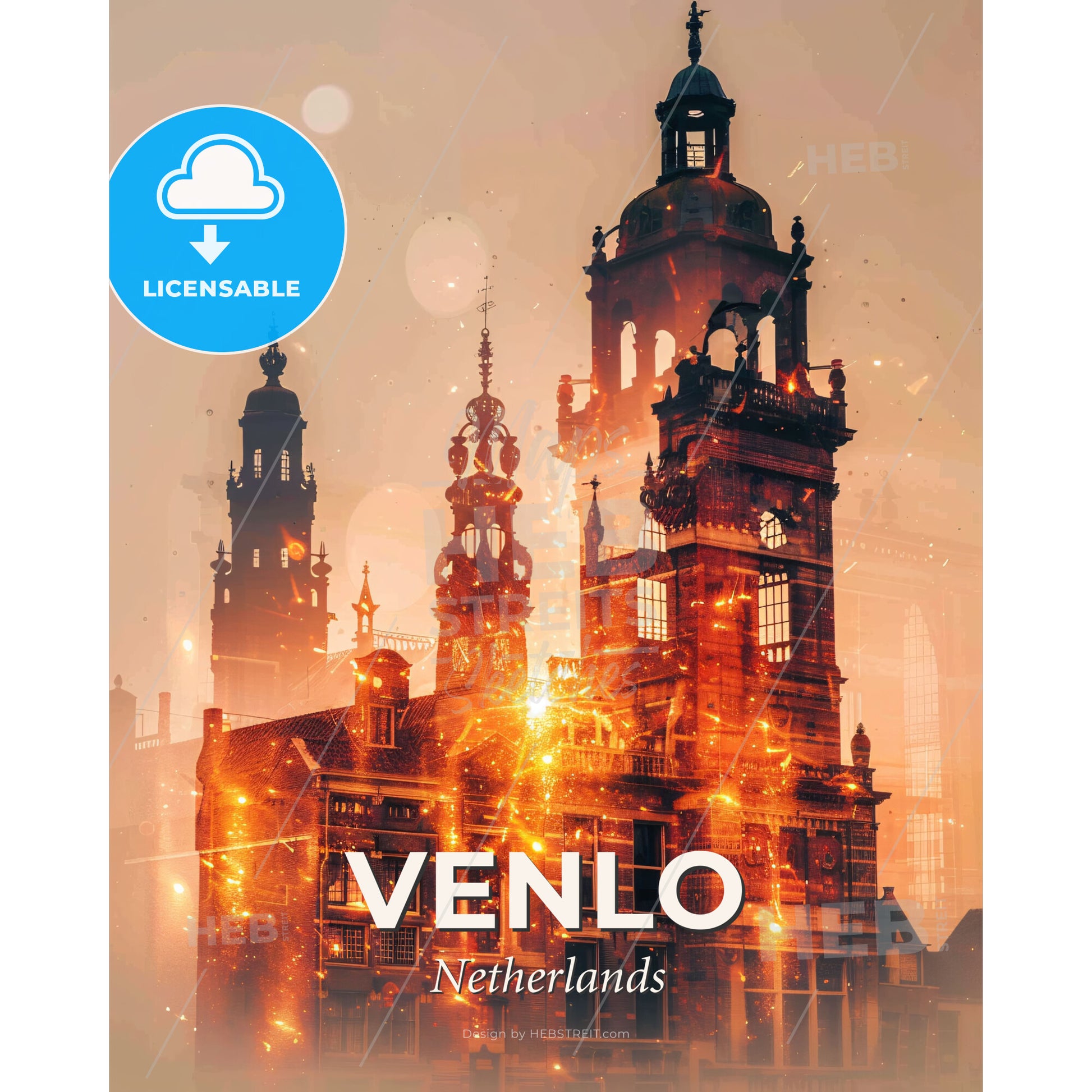 Venlo City Lights Skyline Poster - A building with a tower and a building with a tower - Square format print template