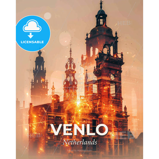 Venlo City Lights Skyline Poster - A building with a tower and a building with a tower - Square format print template