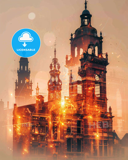 Venlo City Lights Skyline Poster - A building with a tower and a building with a tower