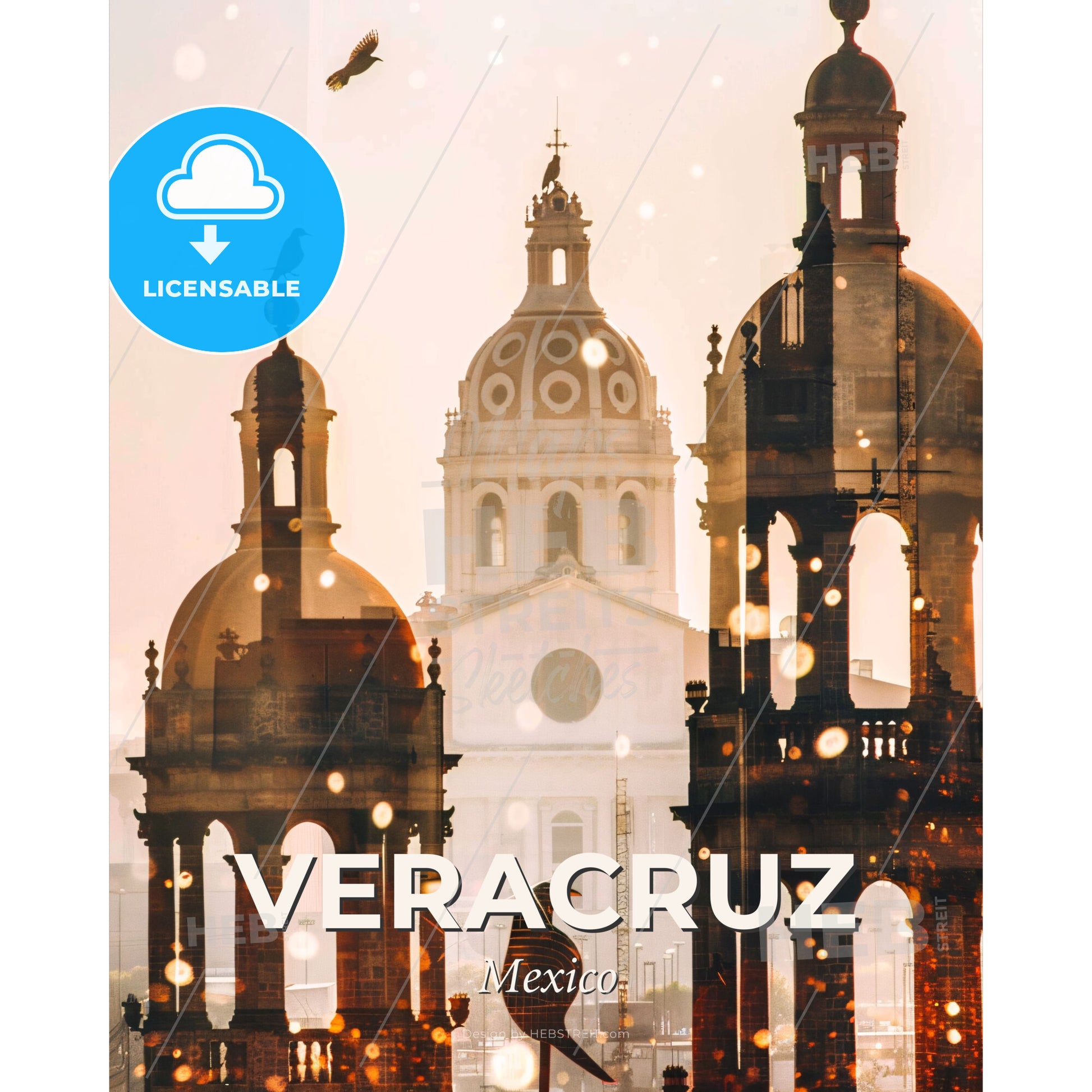 Veracruz Skyline Mexico Double Exposure Art - A building with a bird on top of it - Square format print template