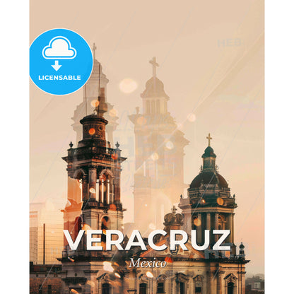 Veracruz City Skyline Collage Art Nouveau Background - A building with a tower - Square format print template