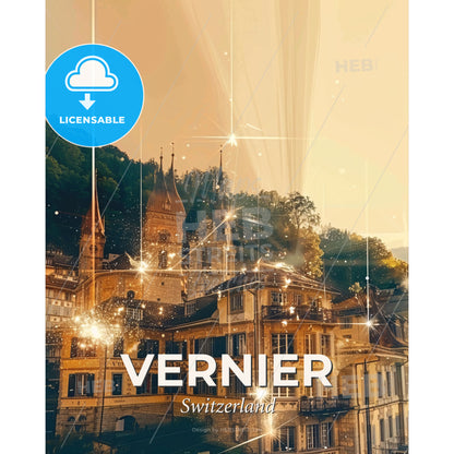 Vernier Silhouette Skyline Vernier Beige Poster - A building with many windows and a building with trees and lights - Square format print template