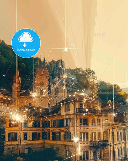 Vernier Silhouette Skyline Vernier Beige Poster - A building with many windows and a building with trees and lights