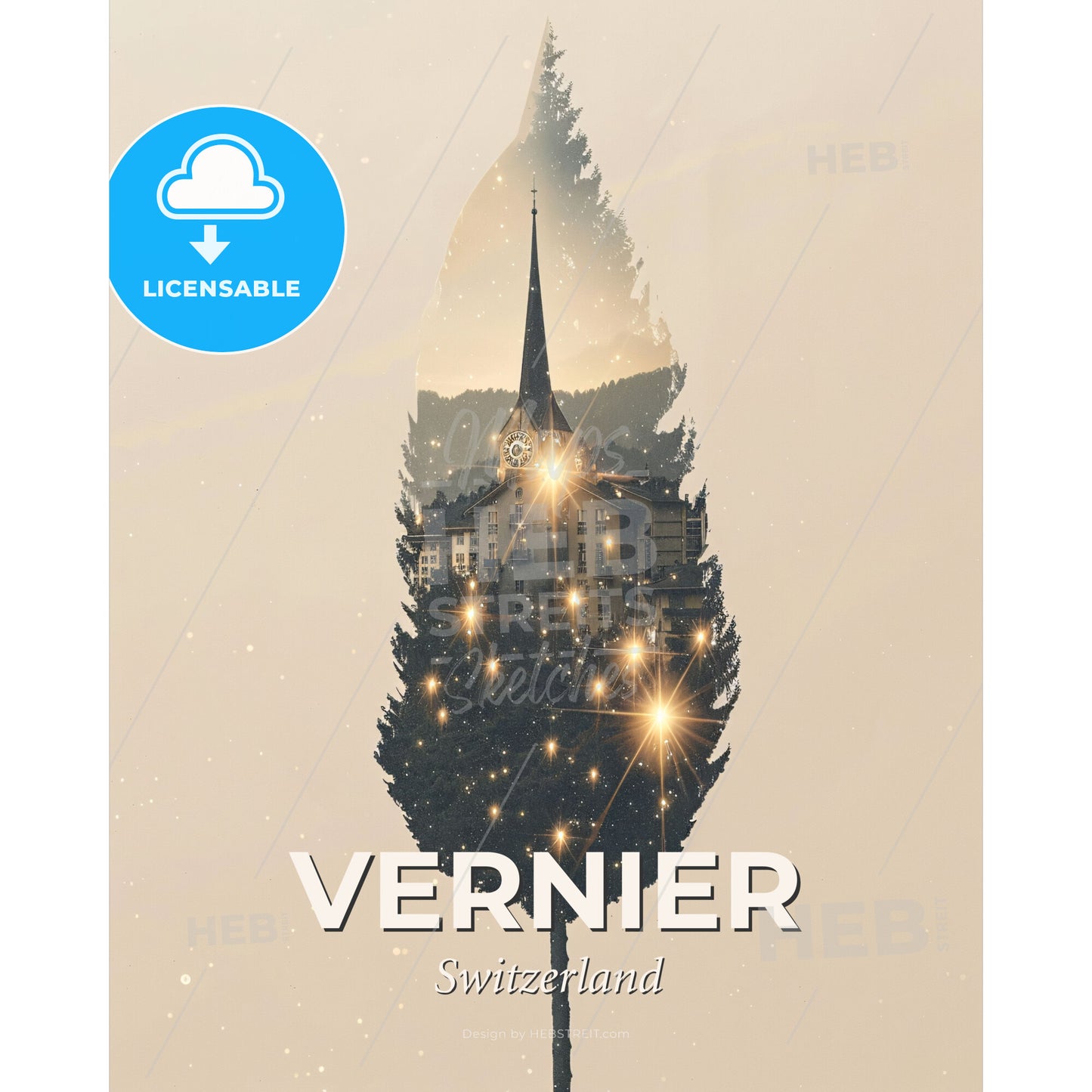 Vernier City Skyline Double Exposure Art Print - A tree with a building and lights - Square format print template