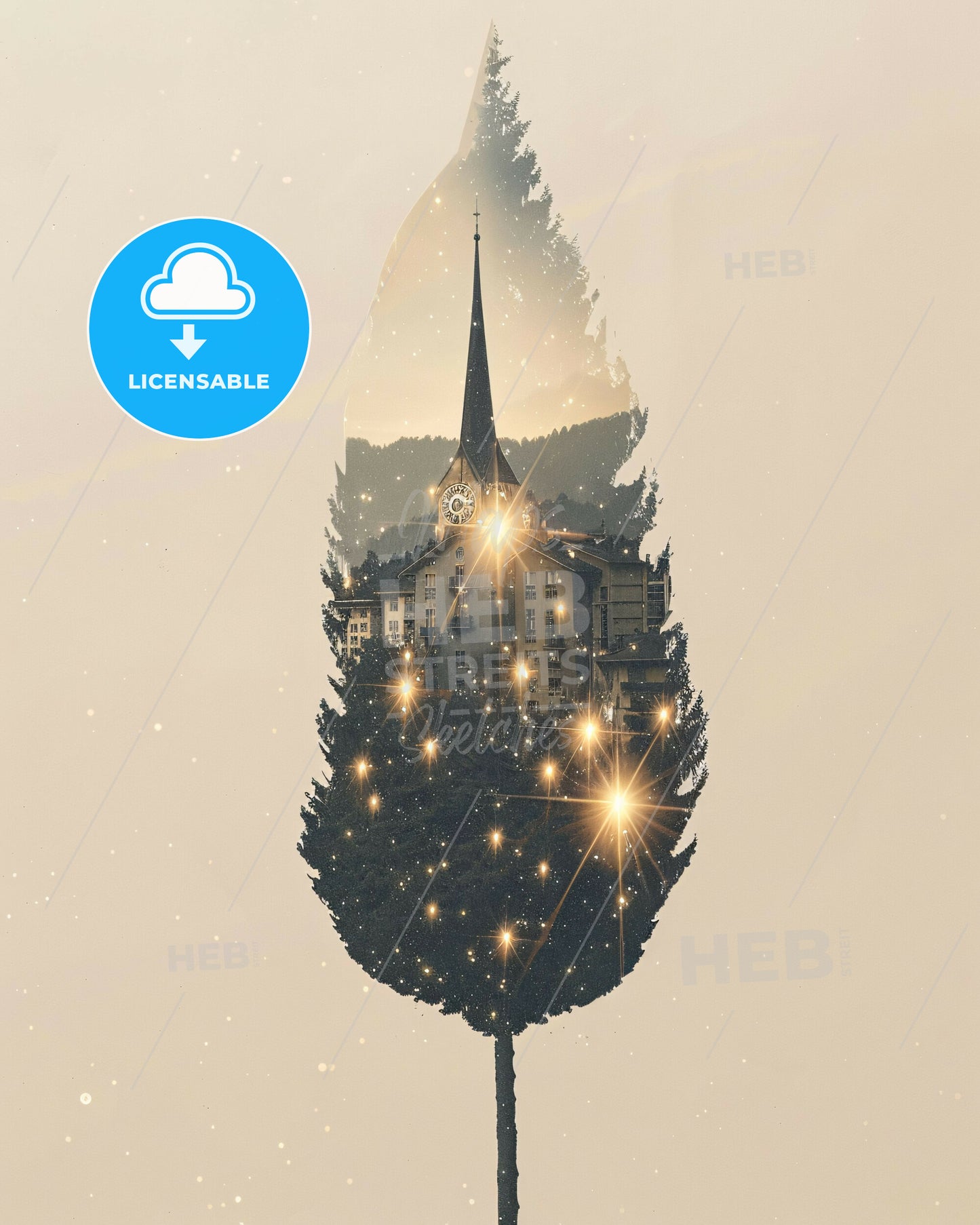 Vernier City Skyline Double Exposure Art Print - A tree with a building and lights