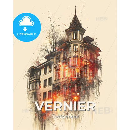 Vernier Skyline Poster: City Icons and Sparkles - A building with a tower and a spire - Square format print template