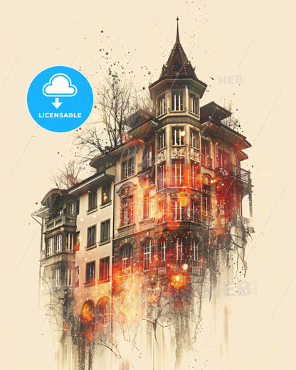 Vernier Skyline Poster: City Icons and Sparkles - A building with a tower and a spire