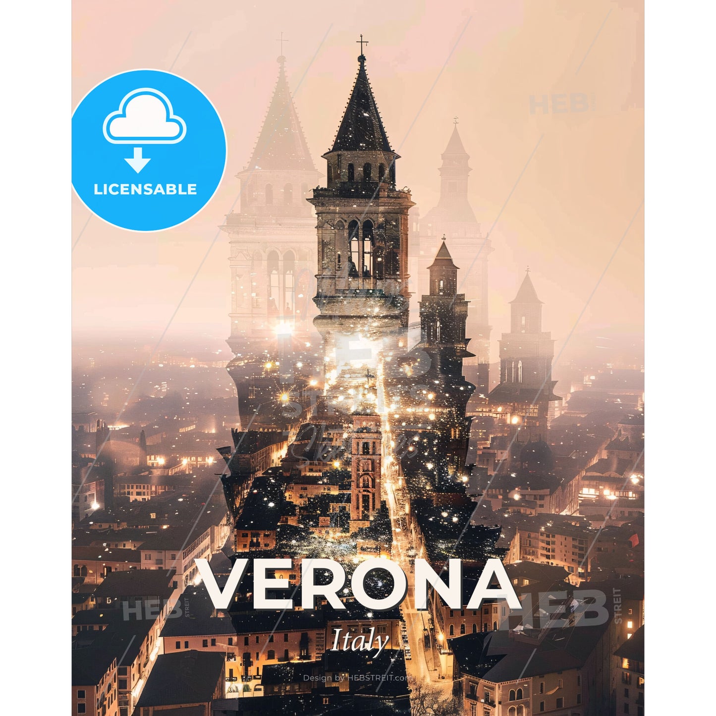 Verona City Ambiance in Artistic Double Exposure - A city with towers and lights - Square format print template