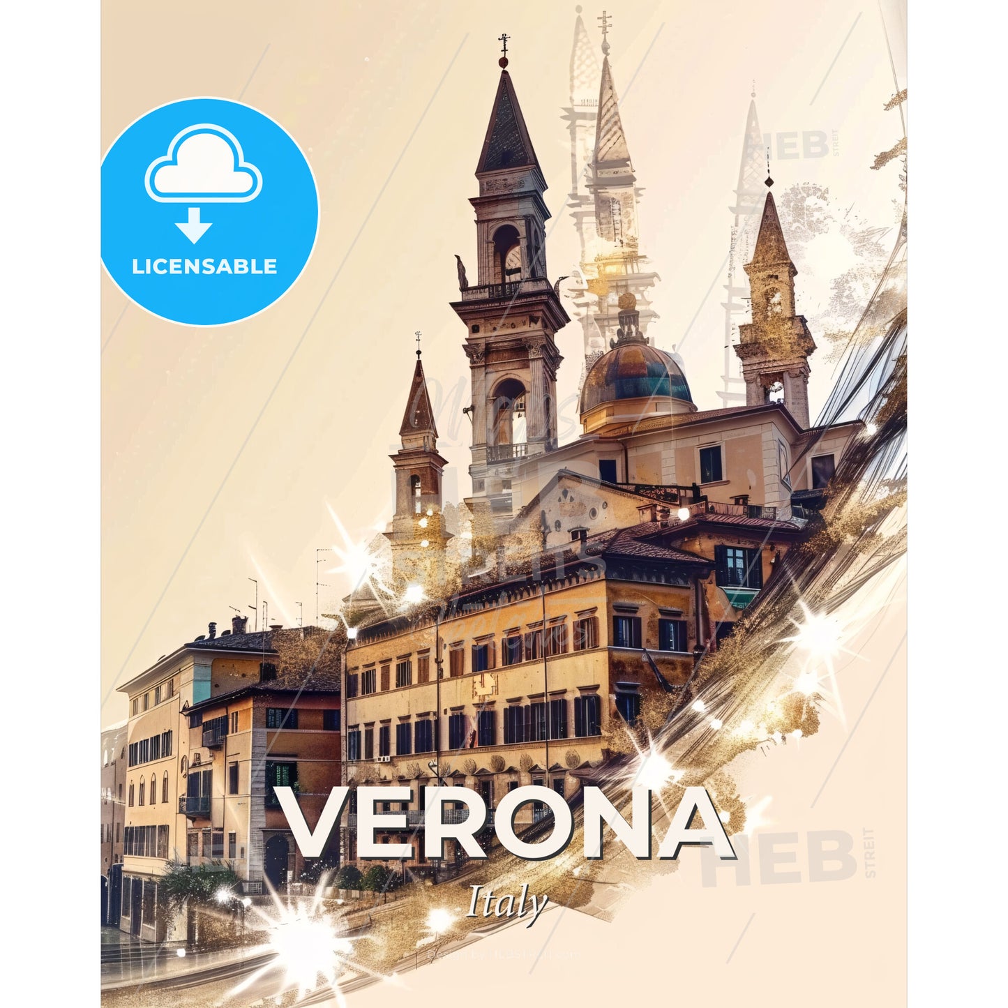 Verona City Lights Skyline Poster Art - A building with towers and a light on the side - Square format print template