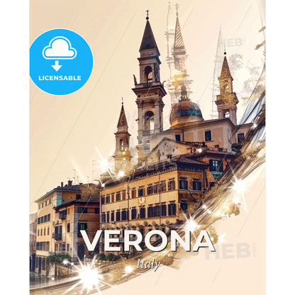 Verona City Lights Skyline Poster Art - A building with towers and a light on the side - Square format print template