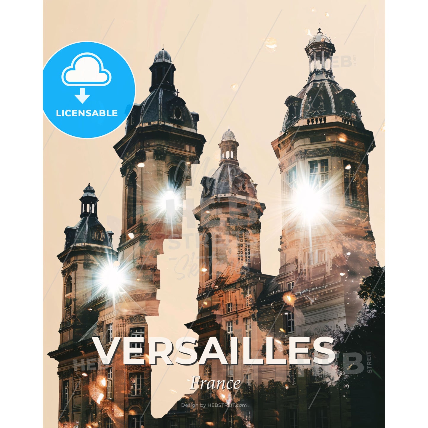 Versailles Skyline Art Deco Poster - A building with towers and lights - Square format print template
