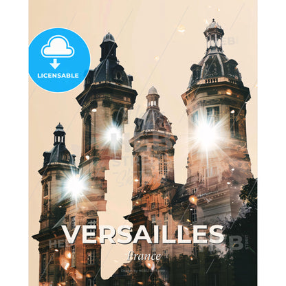 Versailles Skyline Art Deco Poster - A building with towers and lights - Square format print template