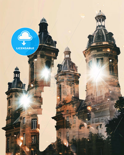 Versailles Skyline Art Deco Poster - A building with towers and lights