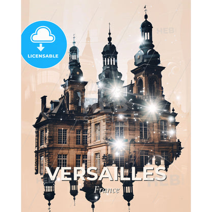 Versailles Skyline Art: Double Exposure Composite - A building with many towers and a light in the background - Square format print template