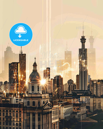 Viamao Cityscape Skyline Architecture Poster Art - A city skyline with a building and fireworks