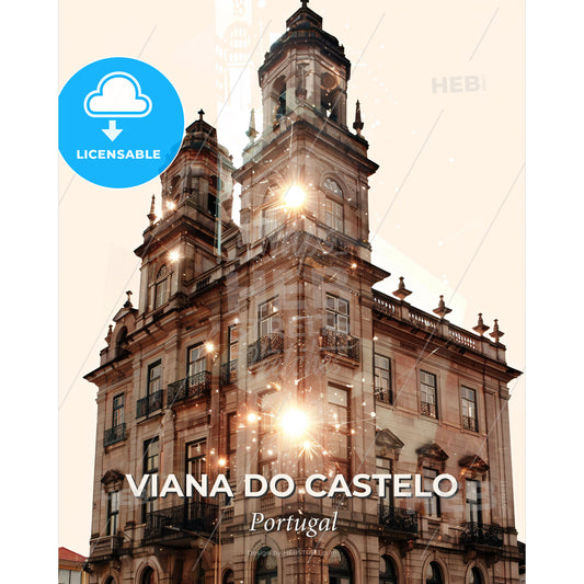 Viana do Castelo: City Skyline Art Poster - A building with a tower and a clock tower - Square format print template