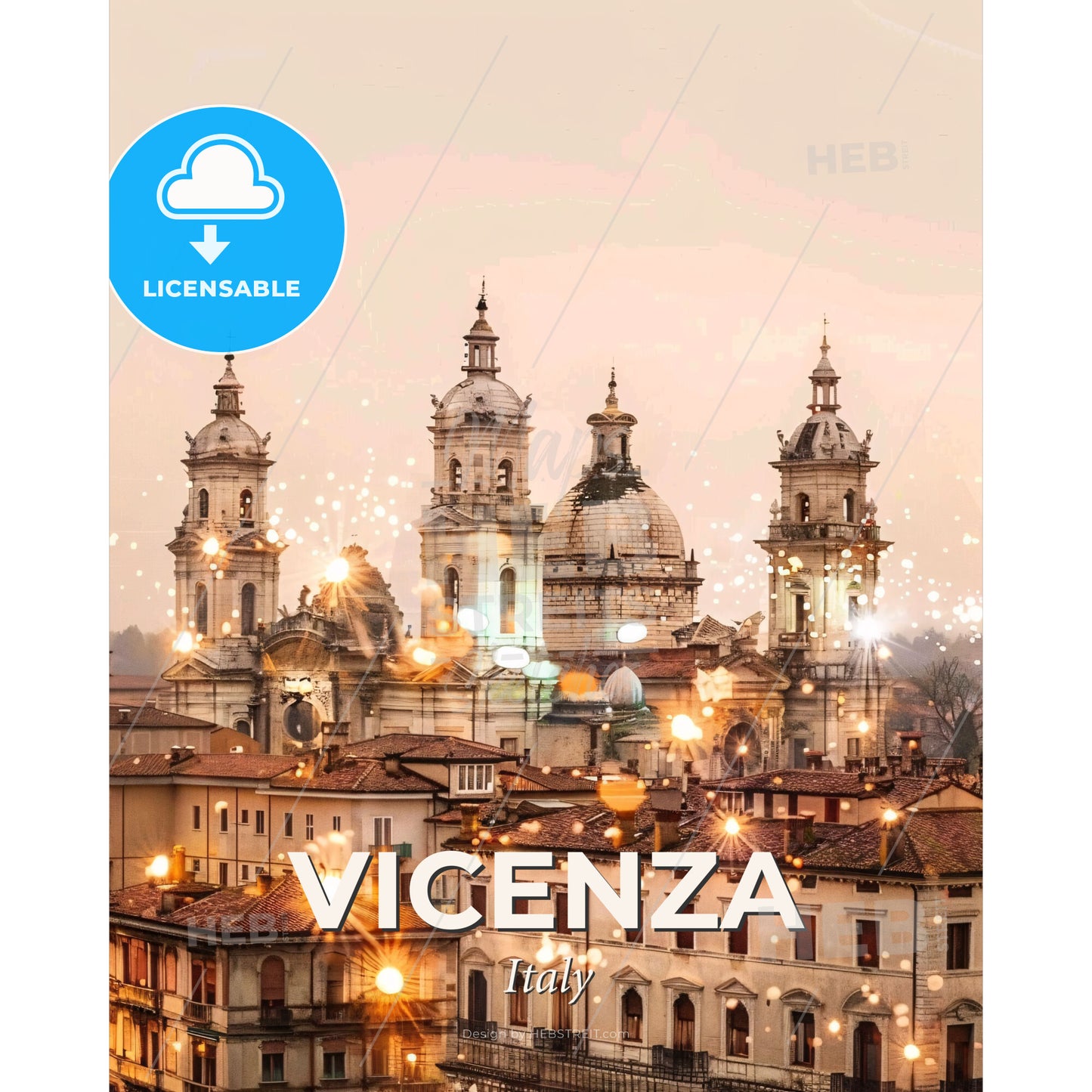 Vicenza Skyline Double Exposure Cityscape Poster Art - A large building with domes and lights - Square format print template