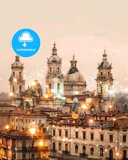 Vicenza Skyline Double Exposure Cityscape Poster Art - A large building with domes and lights