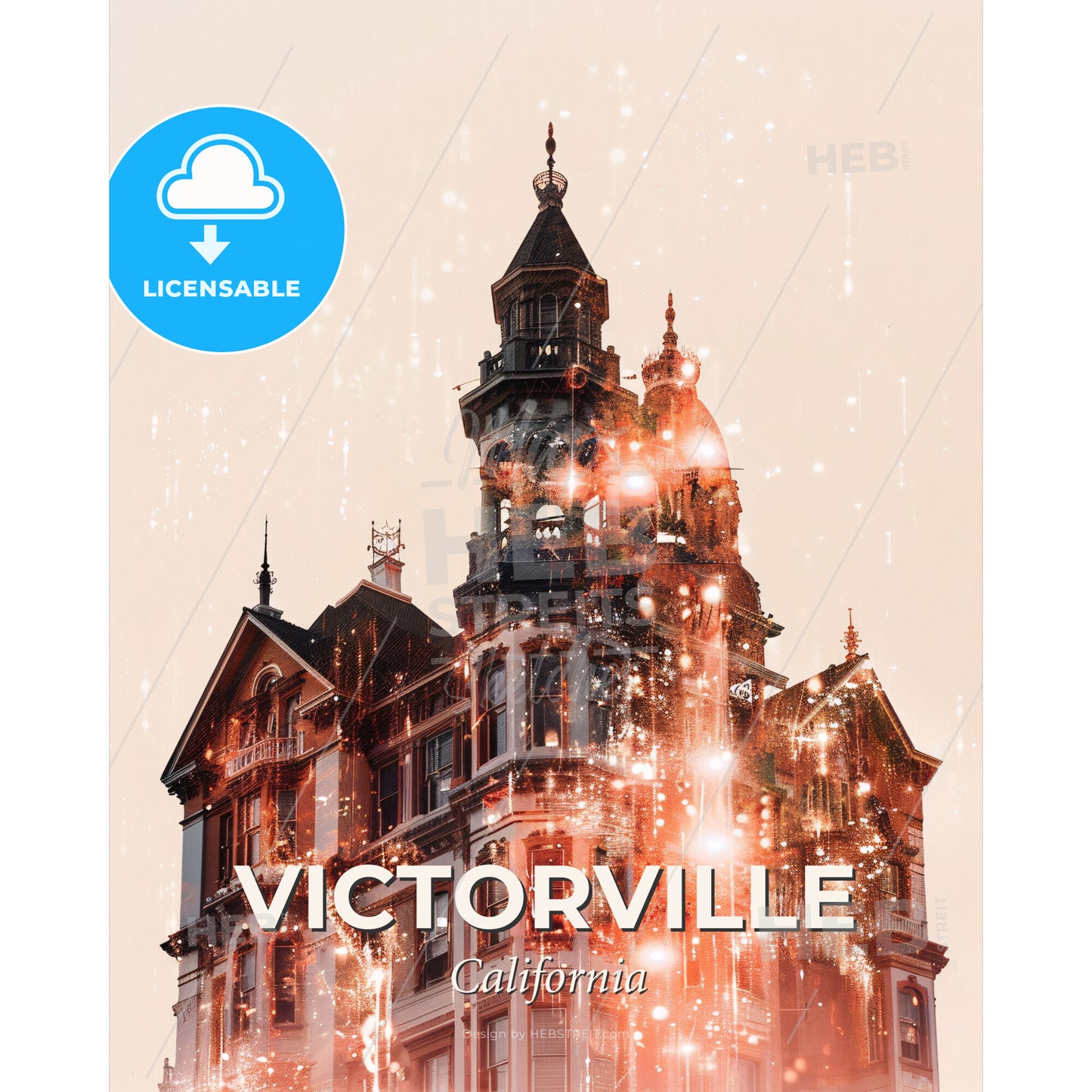 Victorville Skyline - Double Exposure Art Poster - A building with a tower and fireworks - Square format print template