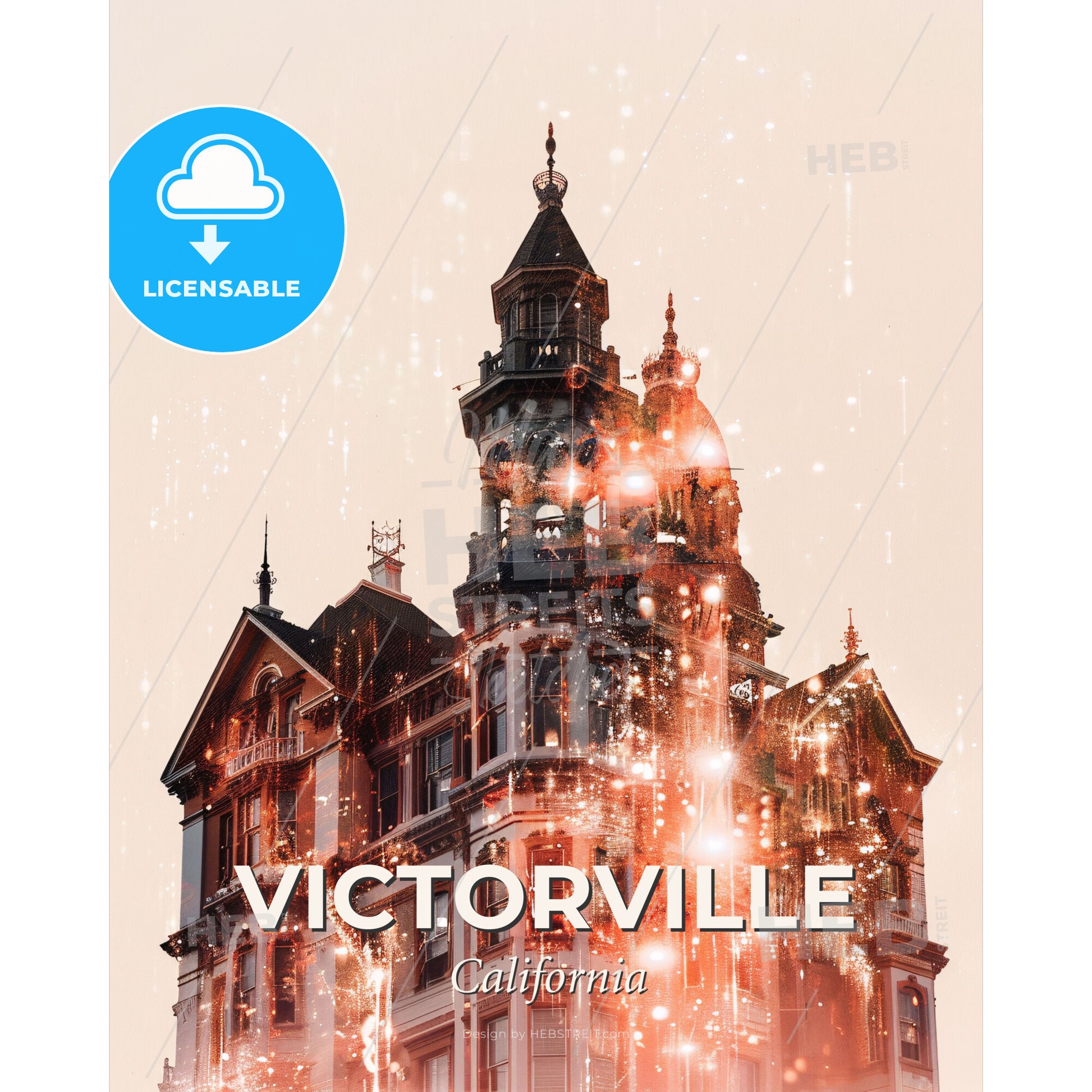 Victorville Skyline - Double Exposure Art Poster - A building with a tower and fireworks - Square format print template