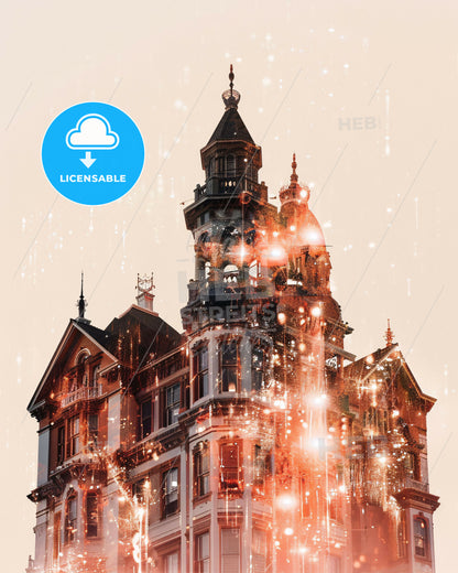 Victorville Skyline - Double Exposure Art Poster - A building with a tower and fireworks