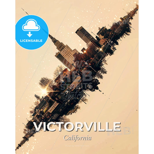 Victorville's Icons: Double Exposure Art - A city with a tall tower - Square format print template