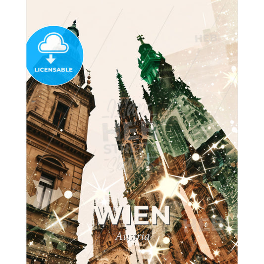 Vienna City Skyline Double Exposure Poster Art - A group of towers with a green roof - Square format print template