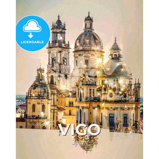 Vigo Skyline Composite Poster: Vibrant City Icons - A large building with domes and lights - Square format print template