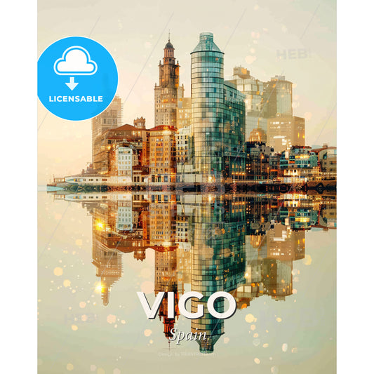 Vigo Citynight Fusion Composite Skyline Art - A city with many tall buildings reflected in water - Square format print template