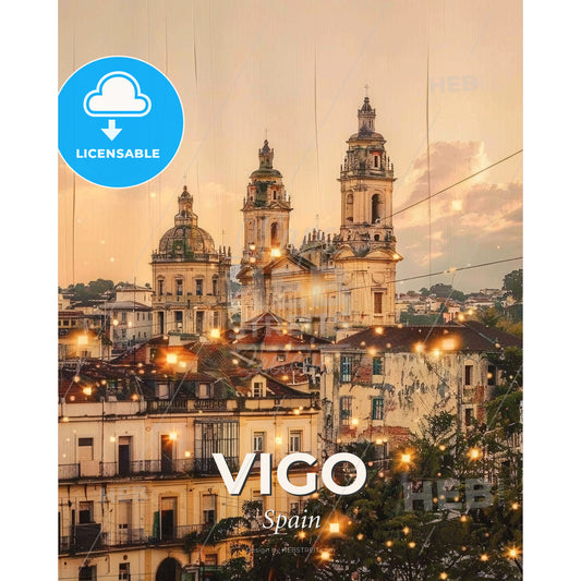 Vigo Spain City Skyline Art Poster Print - A group of buildings with lights - Square format print template