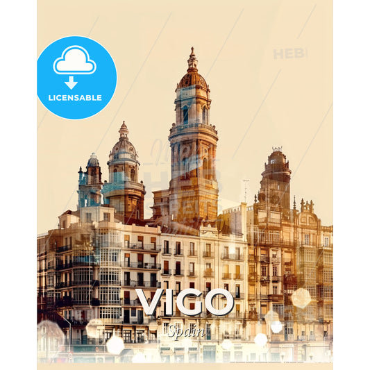 Vigo: Double Exposure Skyline Symphony - A building with towers and a couple of windows - Square format print template