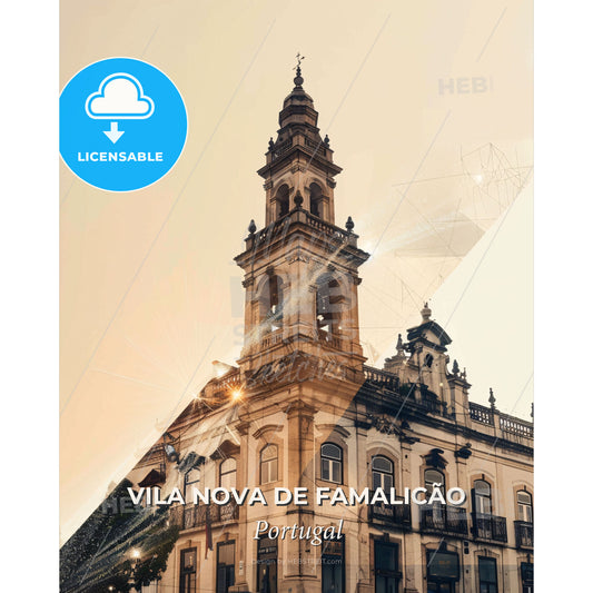 Vila Nova de Famalicao Skyline Iconic Buildings Poster - A building with a bell tower - Square format print template