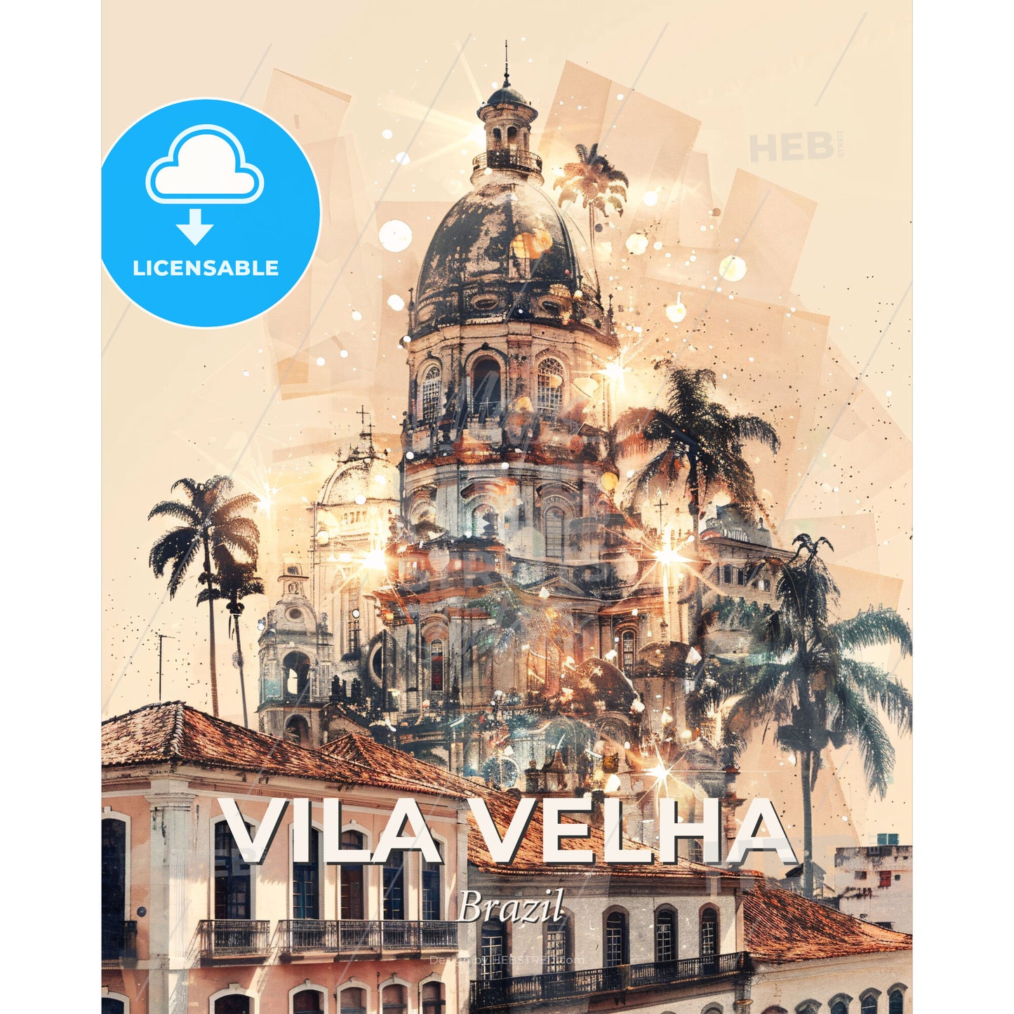 Vila Velha: Skyline and Icons Double Exposure Art - A building with a dome and palm trees - Square format print template