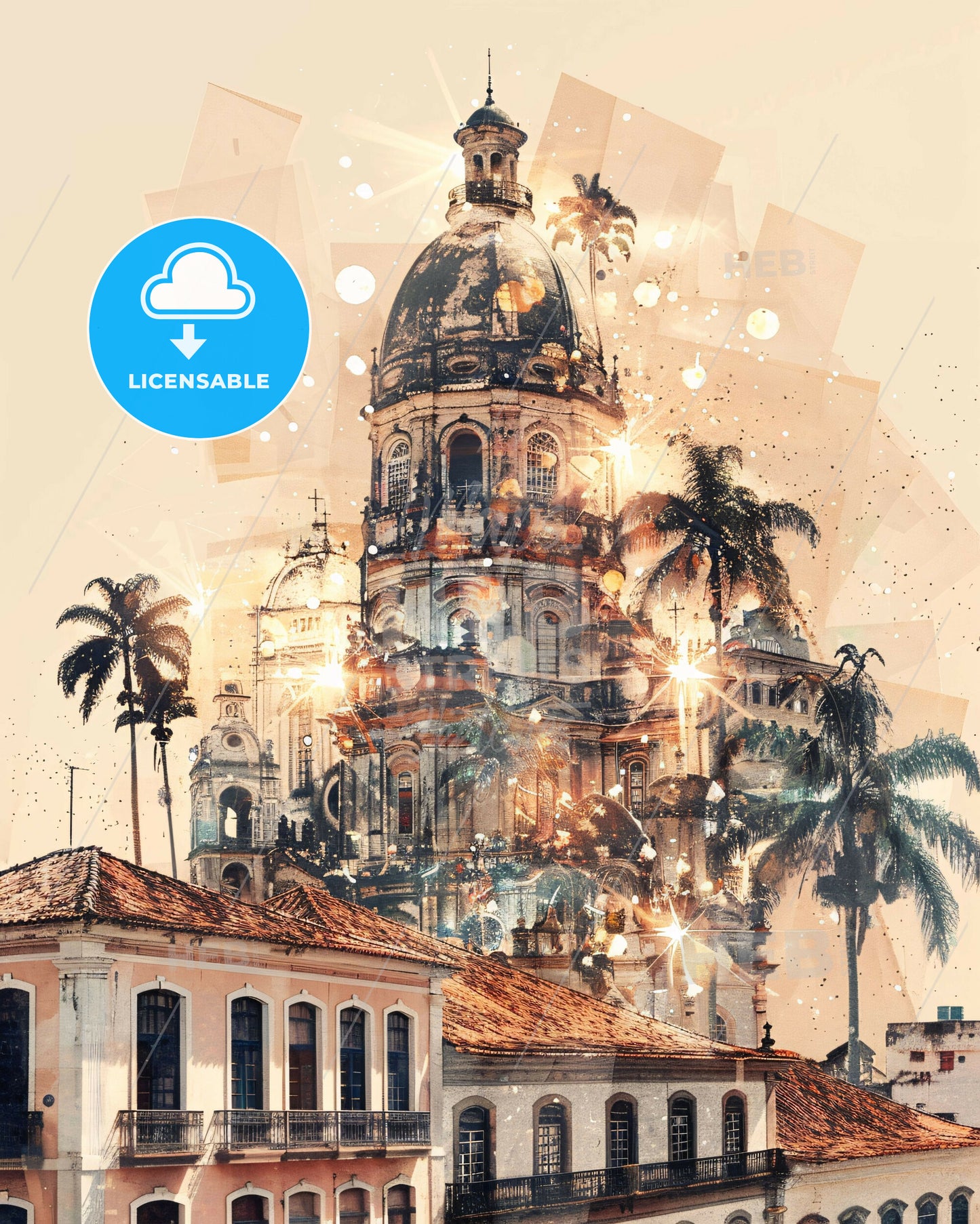 Vila Velha: Skyline and Icons Double Exposure Art - A building with a dome and palm trees