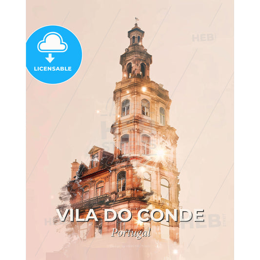 Vila do Conde Skyline Double Exposure Poster - A building with a tower - Square format print template