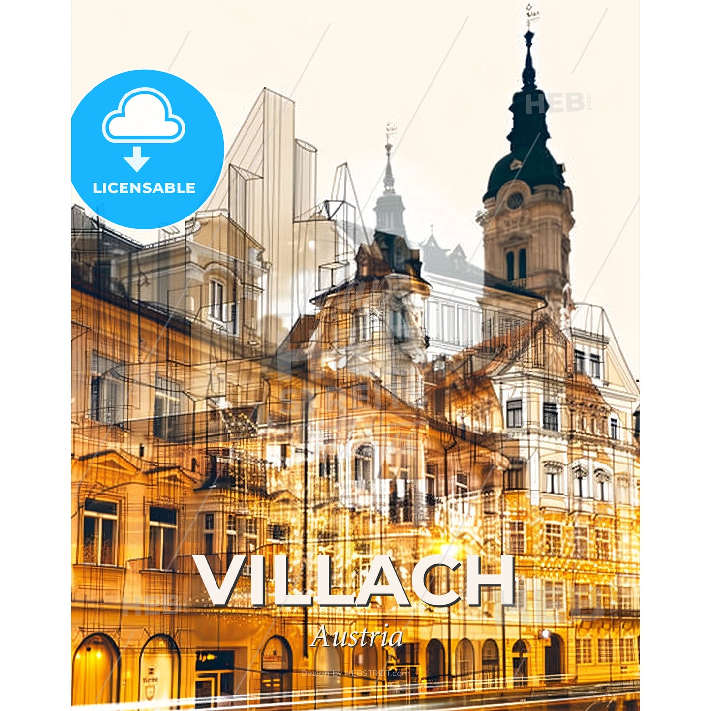 Villach Skyline Landmarks Double Exposure Poster - A building with a tower and a building with a tower - Square format print template