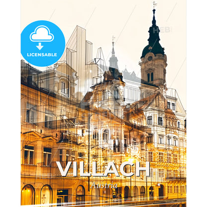 Villach Skyline Landmarks Double Exposure Poster - A building with a tower and a building with a tower - Square format print template