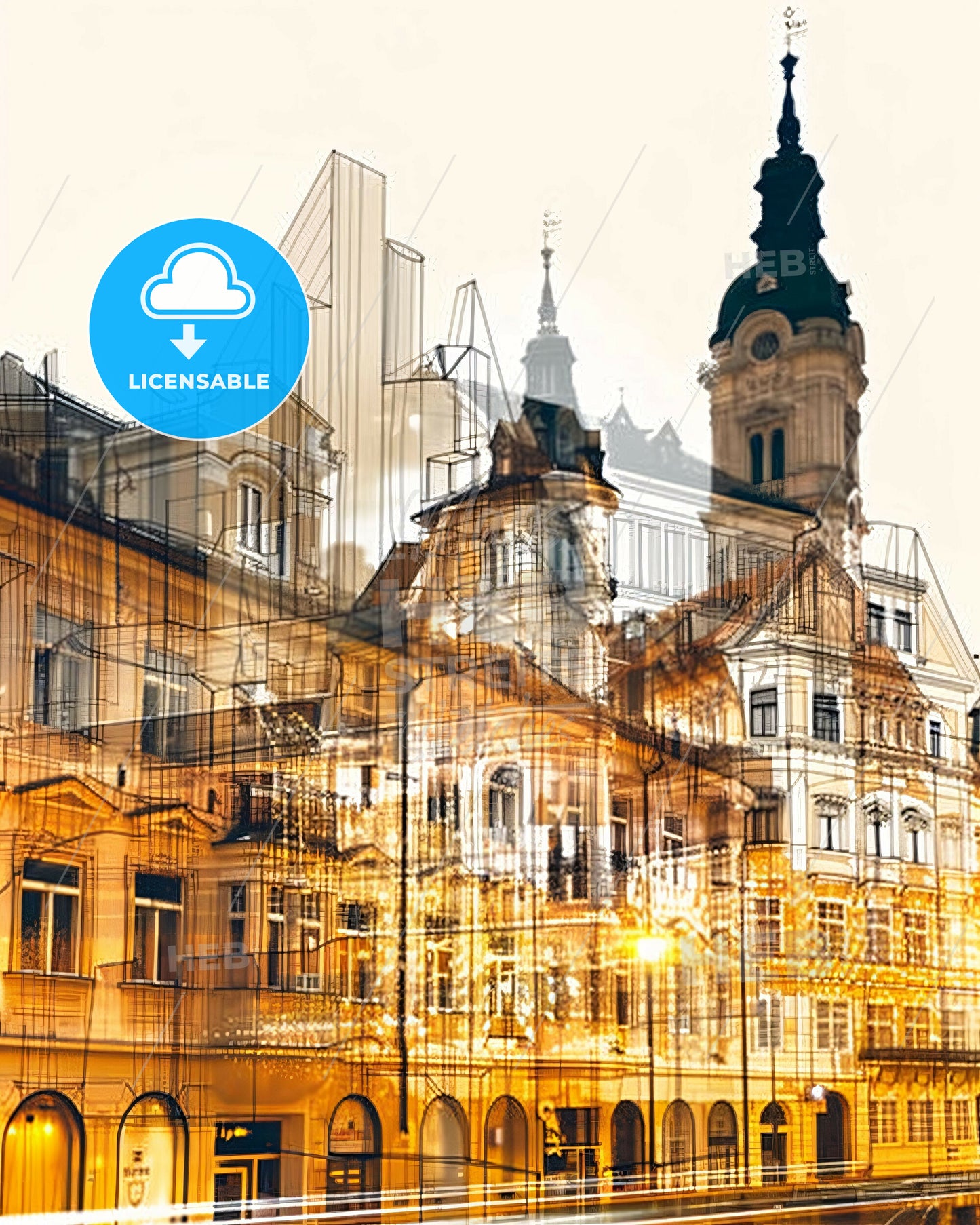 Villach Skyline Landmarks Double Exposure Poster - A building with a tower and a building with a tower