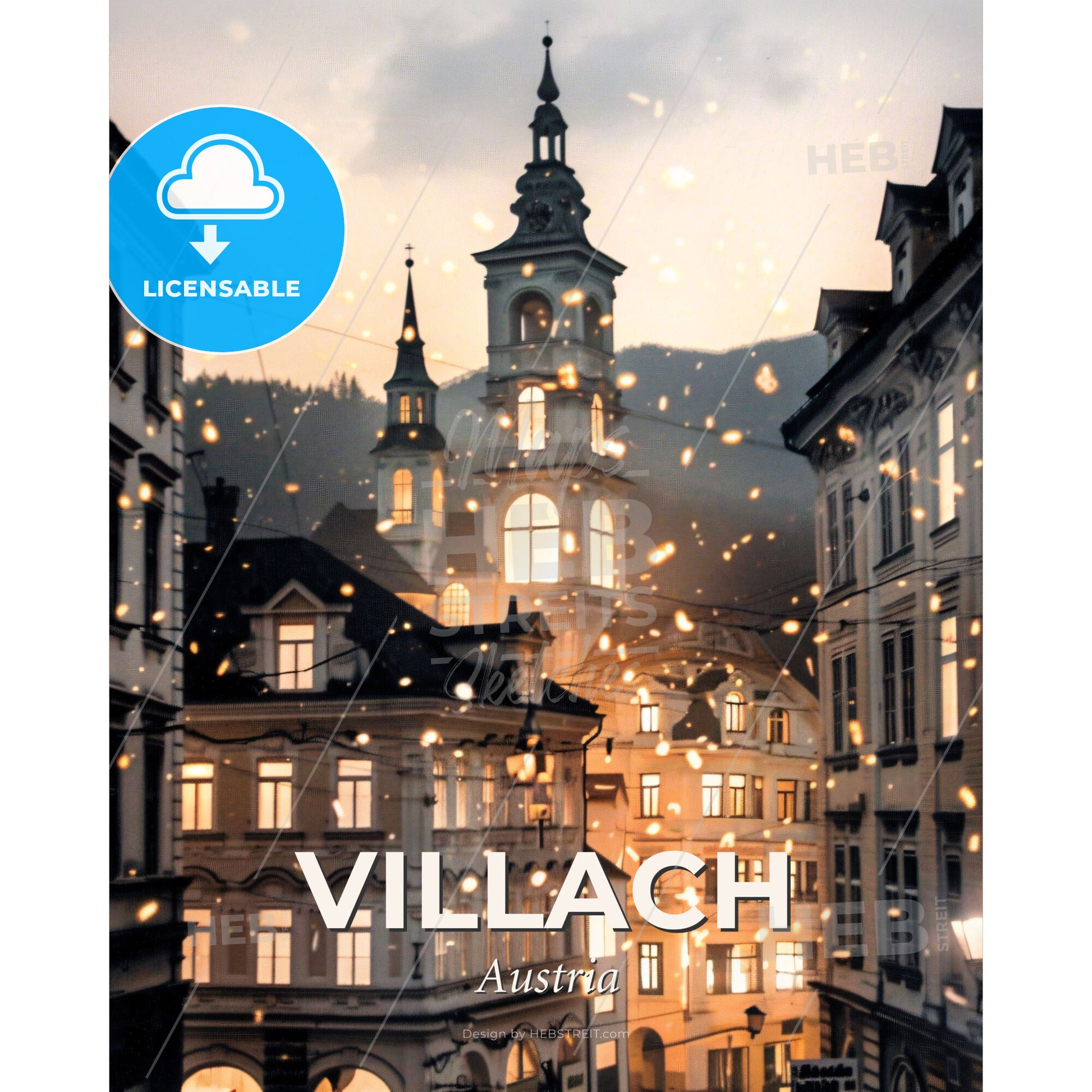 Villach Skyline Art: Iconic Silhouette Poster - A building with a tower and many windows - Square format print template