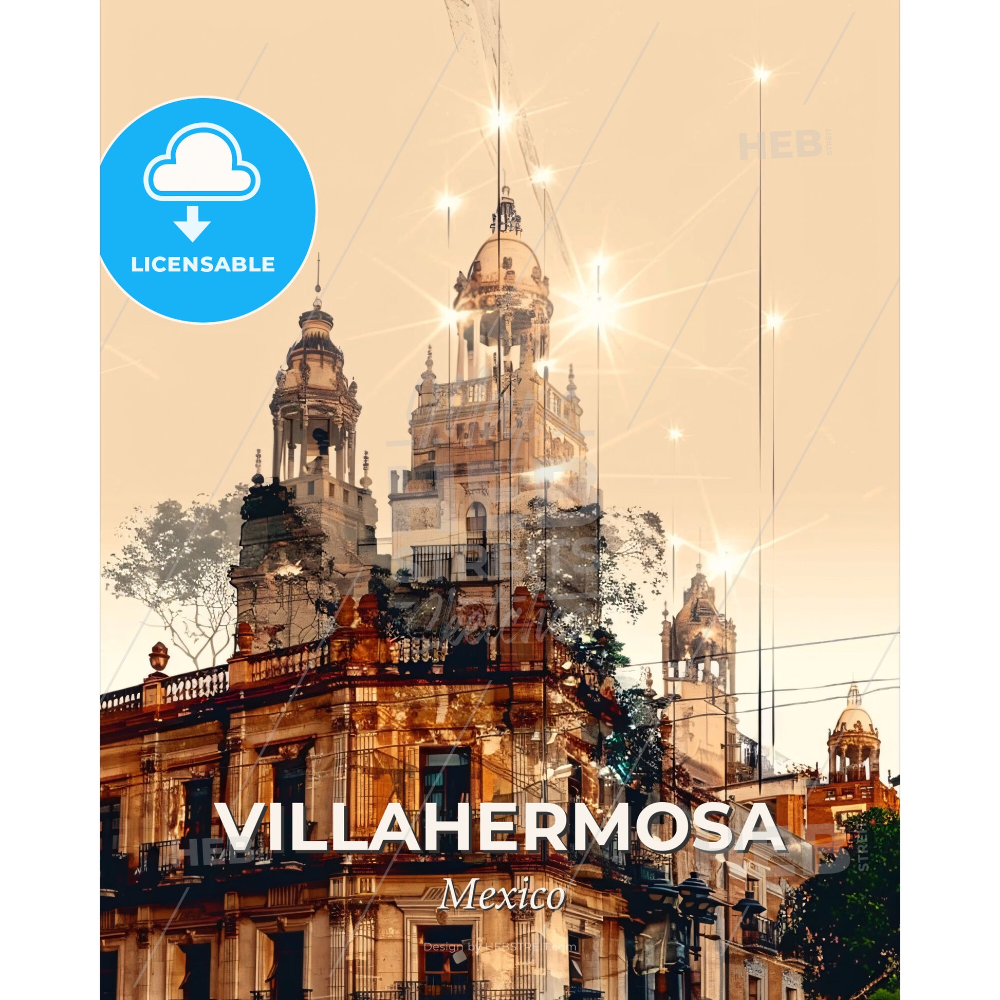 Villahermosa City Skyline Double Exposure - A building with a tower and trees - Square format print template